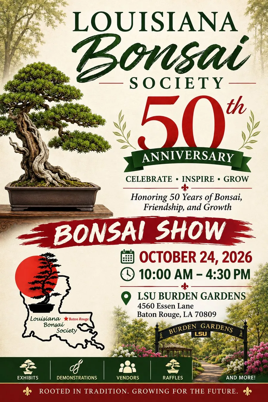 Flyer for the Louisiana Bonsai Society's 50th Anniversary Bonsai Show on October 24, 2026, at LSU Burden Gardens